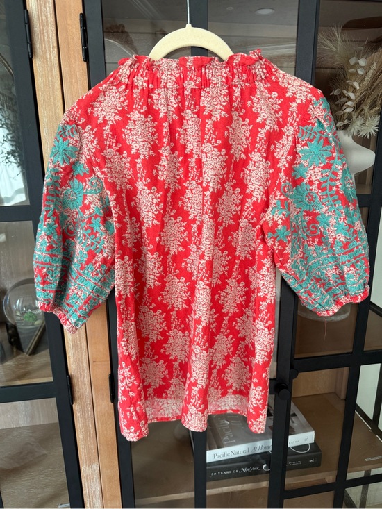 THML Tops - Embroidered puff sleeve blouse top floral oaxacan boho colorful ruffle mock neck